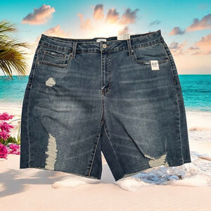 Time & Tru High-Rise Denim Distressed Jean Shorts Frayed Hem Womens 16 Blue NWT